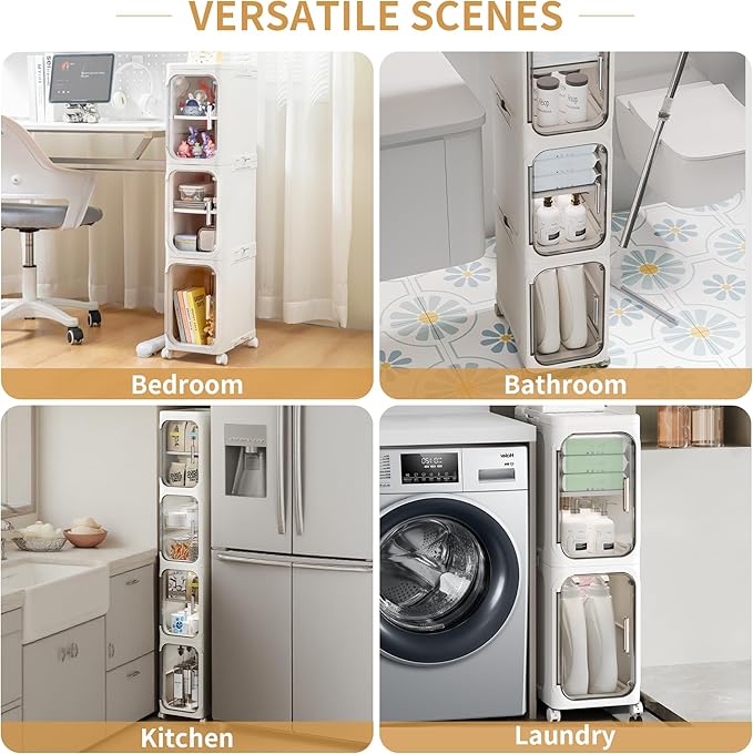 5-Tier Plastic Tall Narrow Storage Cabinet with Adjustable Shelves and Movable Wheels, Magnetic Doors, Slim Bathroom Storage Organizers for Small Space, Bathroom, Kitchen, White