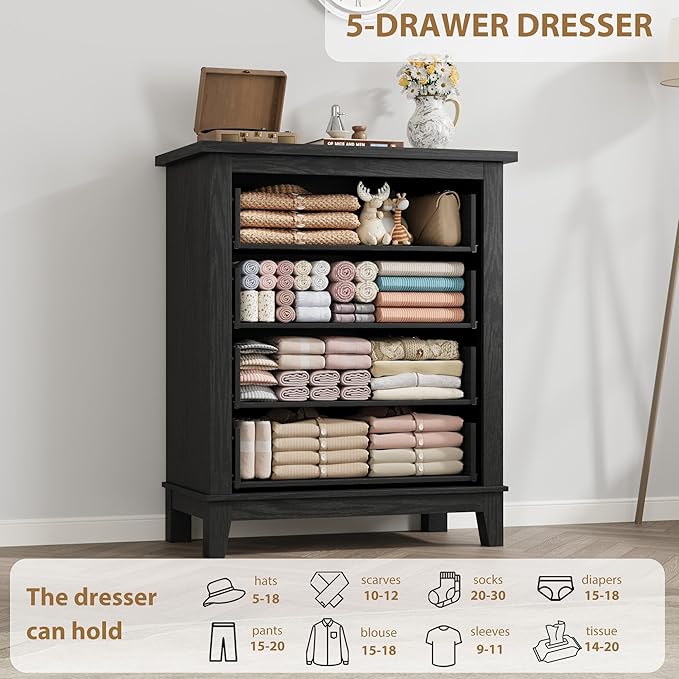 GarveeHome 4 Dresser for Bedroom, 34.8 in Tall Vertical Drawer Dresser with Large Storage, Freestanding Wooden Closet Chest for Bedroom, Living Room, Black