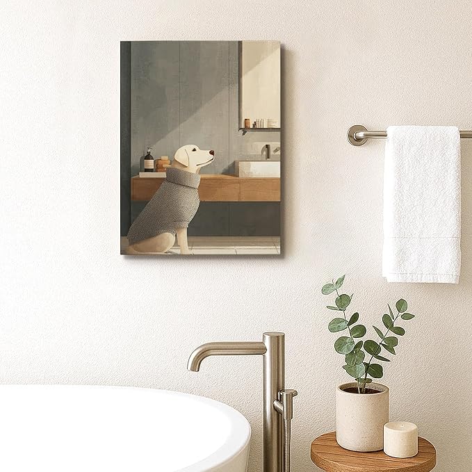 Cozy Dog Canvas Wall Art, Beige Gray Minimalistic Animal Decor, Autumn Aesthetic Home Decoration for Living Room, Bedroom, Bathroom, Wrapped Canvas 8x10 Inch