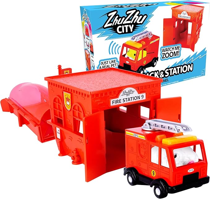 ZhuZhu City Fire Truck & Fire Station Toy with Electronic Hamster Chunk – Interactive Pet with 40+ Sounds & Sirens – Pets Without The Mess – Gift for Kids Ages 4+