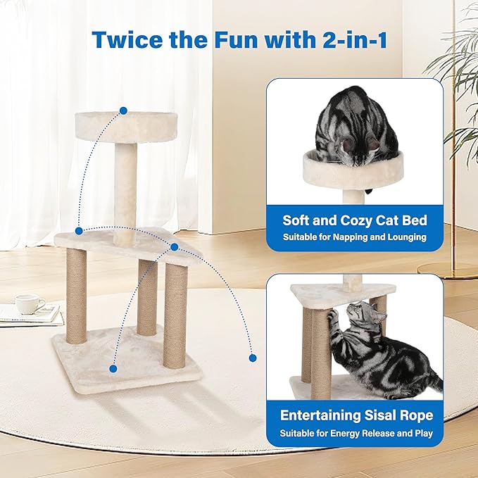 Cat Tree with Sisal Covered Scratching Post, 31.8 Inches Cat Tower with Plush Perchesfor Indoor Cats,15.7 x 31.8 Inches, Furniture Protect，Beige