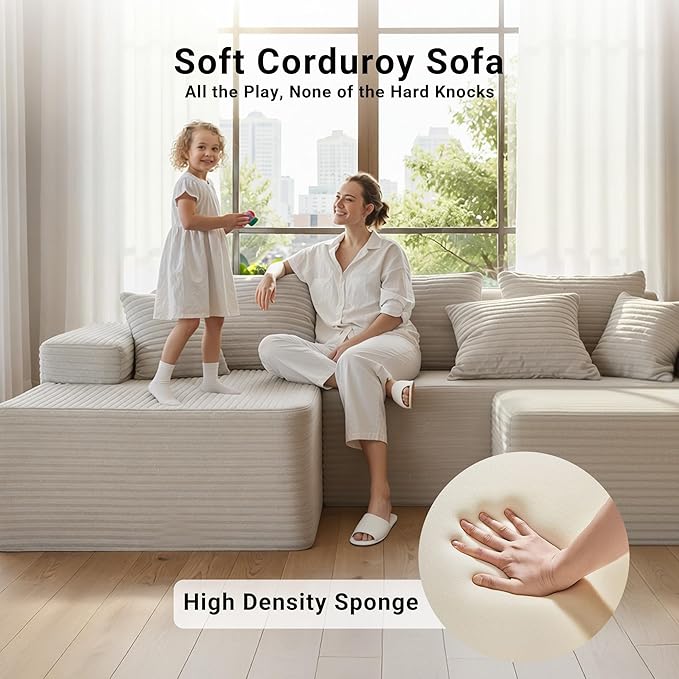 Claiks 110" Boneless Couch, Cloud Couch Sectional, U-Shape Corduroy Modular Sectional Sofa Deep Seat, Upholstered Couches for Living Room, No Assembly Required, Beige