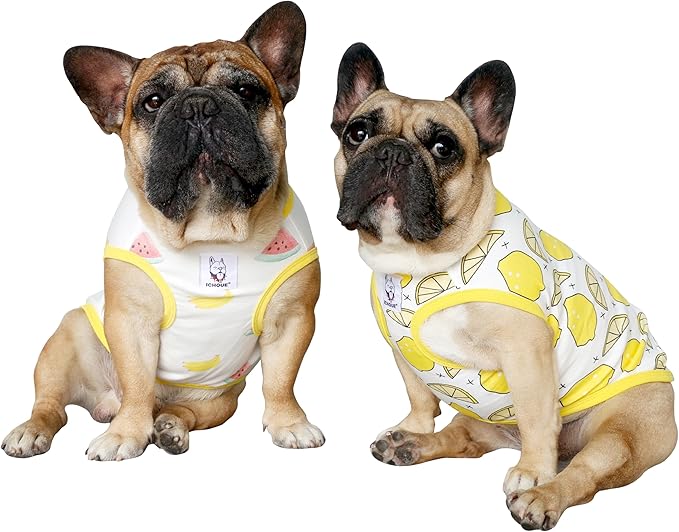 iChoue 2pcs French Bulldog Fruits Pattern Shirts 100% Breathable Cotton Tank Tops Vests Clothes for Frenchie Dogs, Lemon and Watermelon, Large