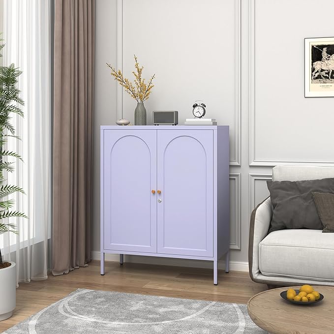 Metal Storage Cabinet with Lock, 2-Door Semi-Circular Steel Door, 2 Adjustable Shelves, Heavy Duty Secure Storage Unit for Home, Office, School, Purple 36" H X 31.5" W X 13.8" D