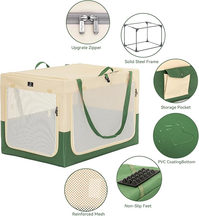 A 4 Pet Soft Dog Crate 36 Inch Mid Portable Collapsible Pet Travel Kennel, 3-Door Soft-Sided Lockable Zippers & Reinforced Steel Frame, Easy Setup, Mesh Panels — Ideal for SUV, Car, Camping & Home Use