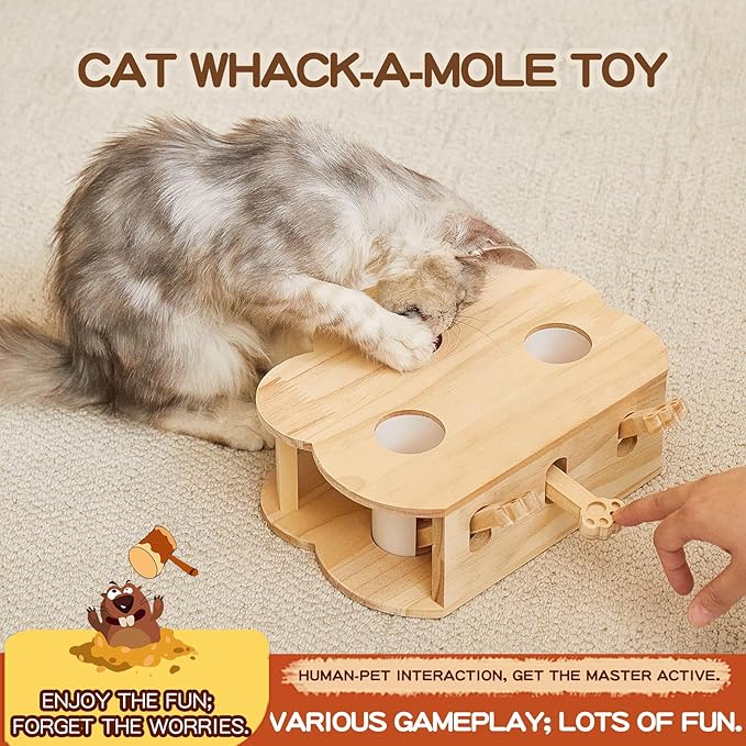 Wooden Whack-a-mole Interactive Cat Toy for Indoor Cats Interactive Pet Toy Box Cat Puzzle Toy for All Ages Cats for Indoor Play Exercise (3 Holes)