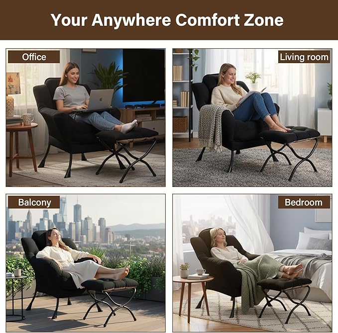 Welnow Lazy Chair with Ottoman, Modern Lounge Accent Chair with Armrests and a Side Pocket, Leisure Sofa Armchair Set, Reading Armchair with Footrest for Small Space, Black