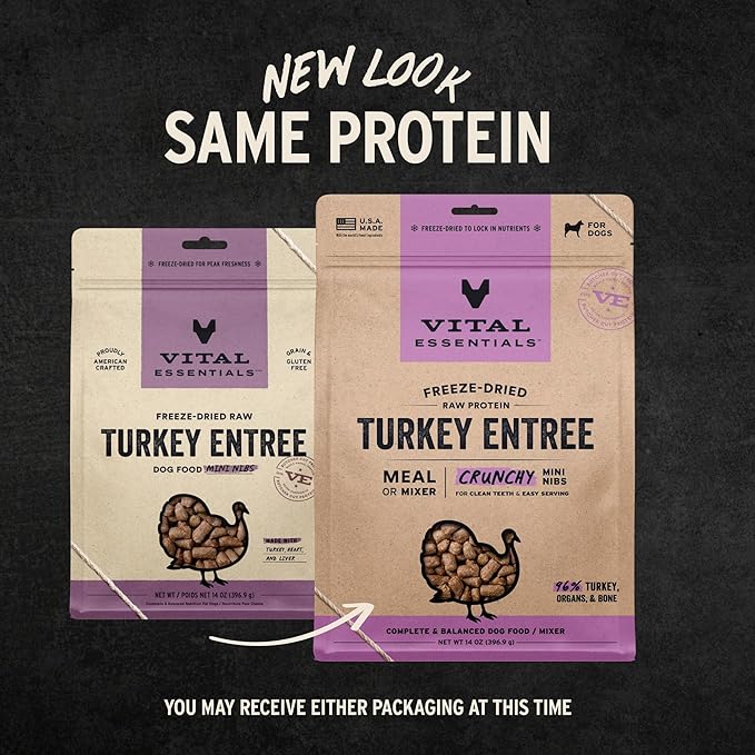 Vital Essentials Freeze-Dried Raw Turkey Crunchy Mini Nibs | Complete Meal or Mixer Dog Food | 14 oz