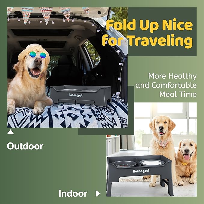 2-in-1 Elevated Dog Bowls, Mess-Proof Slow Feeder with No-Spill Water Bowl, 4 Height Adjustable, 2 Combination Options, Raised Bowl for Small, Medium & Large Dogs (Grey)