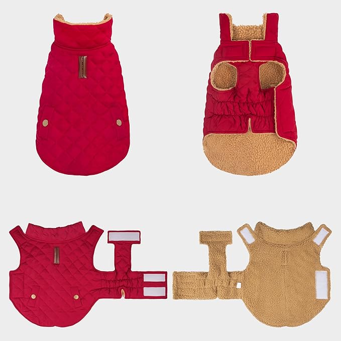 azuza Dog Jacket Waterproof & Windproof Dog Coat for Small Dogs with Thick Fleece, High Collar with Leash Hole, Adjustable Velcro & Elastic Belly, Red, S