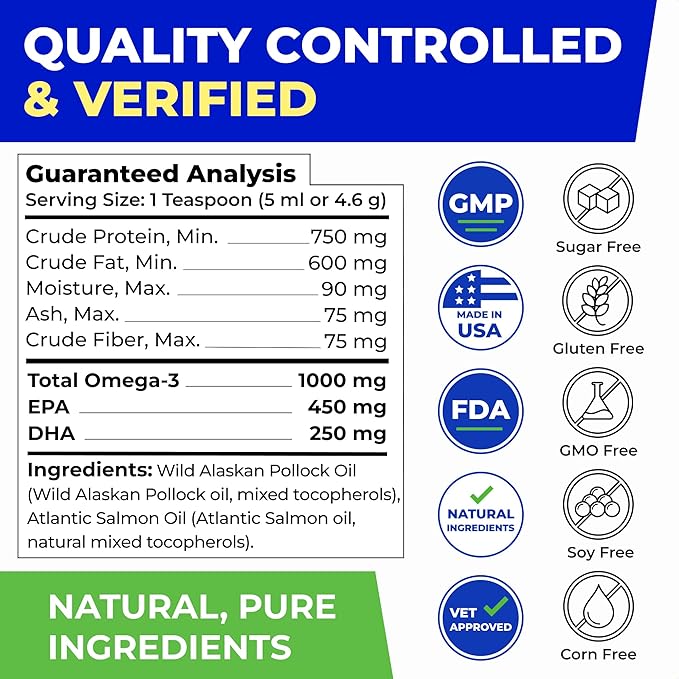 PAWFECTCHEW Fish Oil for Dogs - Natural Omega-3 - Skin & Coat Support - Liquid Food Supplement for Pets - Natural EPA + DHA Fatty Acids for Joints, Immune & Heart Health 16oz - Pollock & Salmon Oil