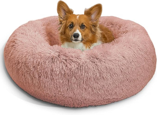 Best Friends by Sheri Original Calming Donut Dog and Cat Bed, Shag Faux Fur, Dusty Rose, (30in x 30in) - Anxiety Relief for Pets Up to 45 lbs