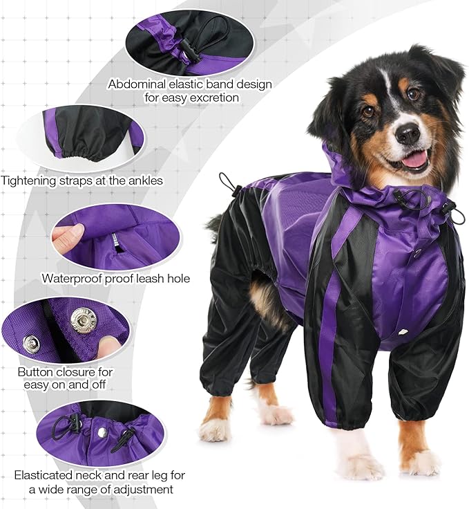 Dog Raincoat, Lightweight Rain Jacket, Adjustable 4-Legs Pet Poncho with Hood, Snow-Proof Dog Vest Rainwear, Rain Clothes Apparel with Leash Hole