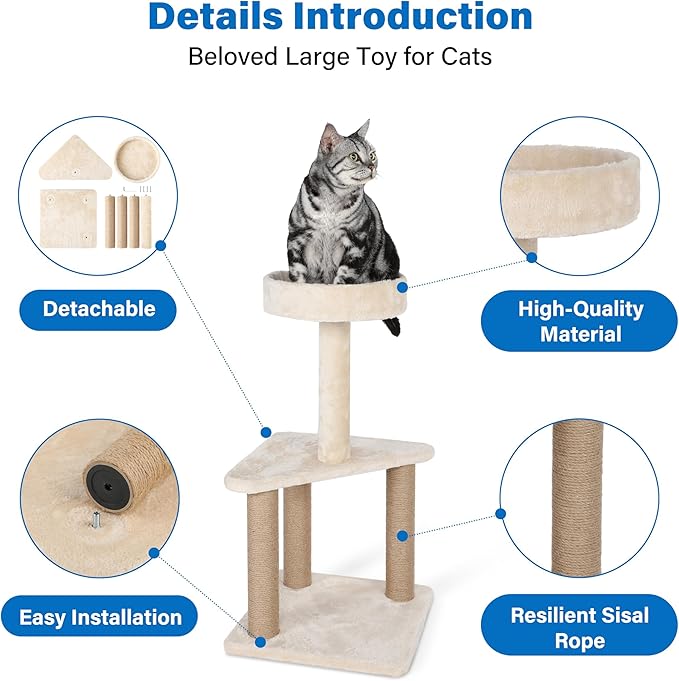 Simple Deluxe Cat Tree Tower with Sisal Covered Scratching Post, 31.8 Inches 3 Layers Cat Tower with Plush Perches for Indoor Cats, Beige