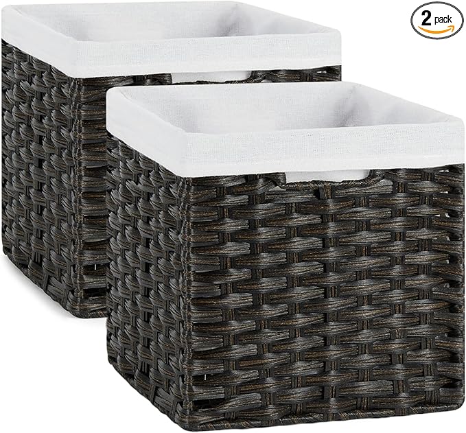 Bidtakay Wicker Cube Baskets with Liners 11 inch 2 Pack Waterproof Imitation Hand-Woven Wicker Storage Baskets for Shelves and Organizing Pantry and Bedroom Blackish-tan