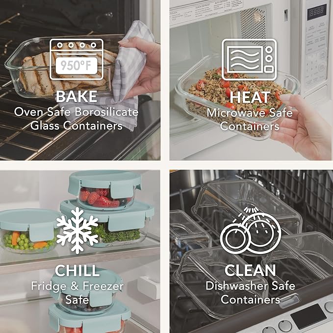 Bentgo Glass Leak-Proof Food Storage Set - 14-Piece Glass Containers with BPA-Free Airtight Lids, Reusable & Durable for Leftovers & Meal Prep - Microwave, Freezer, Oven & Dishwasher Safe (Soft Aqua)