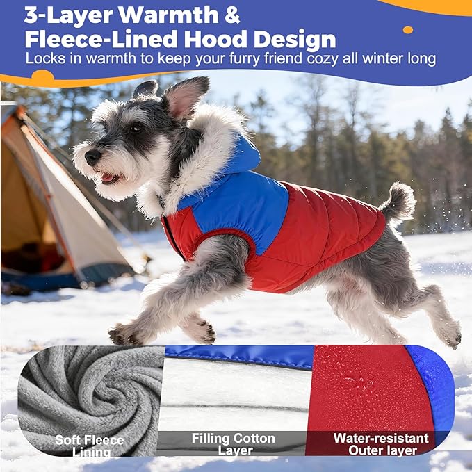 Dog Winter Coat with Hood, Fleece Lined Waterproof Dog Jacket,Warm Snowsuit for Small Medium Dog