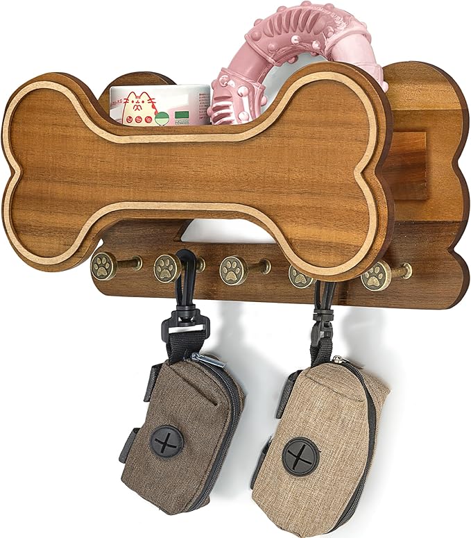 MTERSN Decorative Dog Leash Holder for Wall - Bone Key Holder Wall Mount with 5 3D Puppy Paw Hooks & Hanging Shelf for Dog Lover - Cute Stuff for Puppy Essentials (Acacia)