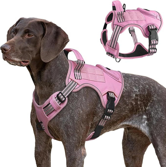 Tactical Dog Harness for Large Dogs, Heavy Duty No Pull Military Service Vest with Control Handle & 4 Patches, Adjustable Reflective Soft Padded Pet Harness for Training Walking Hiking (Pink, S)