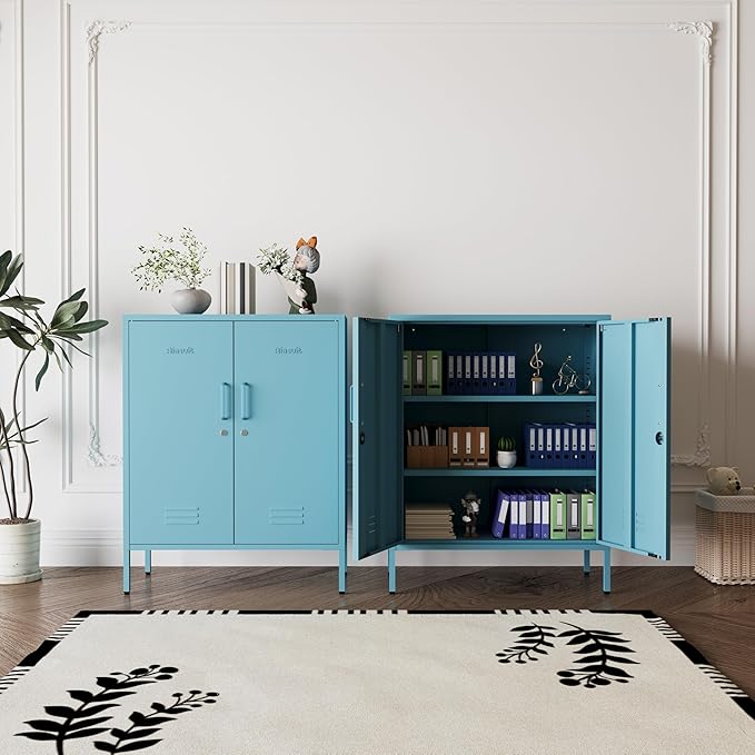 Blue Heavy Duty Metal Storage Cabinet, Multifunctional Lockable Cabinet with 3 Adjustable Shelves, Secure Industrial Organizer for Home Office School, Easy Assembly, 40" H x 31.5" W x 15" D