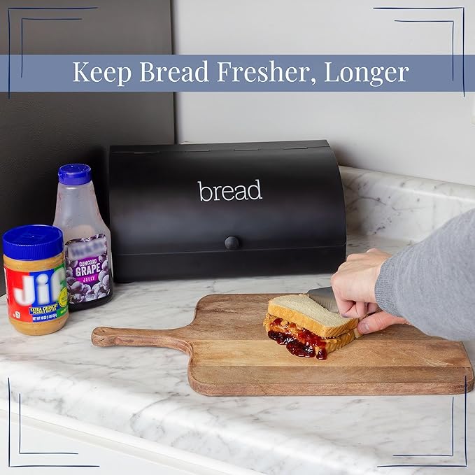 AuldHome Design Farmhouse Black Bread Box; Retro Vintage Style Enamel Countertop Bread Bin