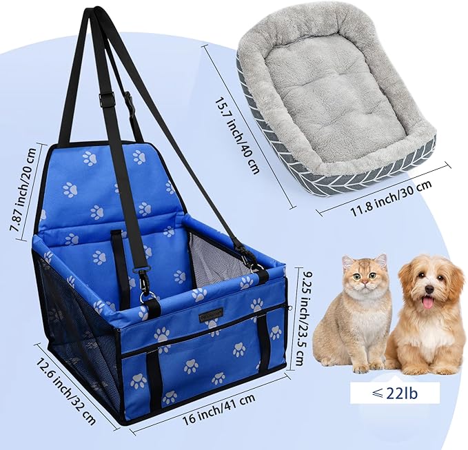 PetsHome Dog Car Seat Foldable Dog Car Booster Seat Waterproof Breathable Oxford Travel Bag for Small to Medium Dogs, Puppies, and Pets-Footprint Blue+Mat