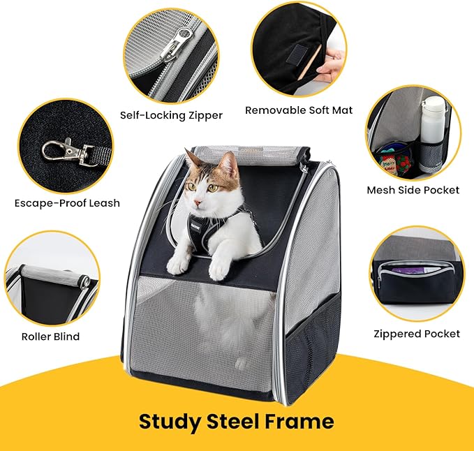 Cat Backpack Carrier for Small Dogs and Cats Fit Up to 15 Lbs,Small Dog Backpack, Expandable & Foldable with 3-Side Mesh Windows, Pet Carrier for Travel & Hiking Friendly，Gray