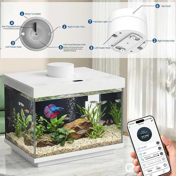 Smart Fish Tank, 1.82 Gallon Glass Aquarium Starter Kit with App Control, Auto Feeder with Dual-Direction Dispensing, Real-time Temperature Monitoring, LED Lighting, Small Fish Tank for Desktop Office
