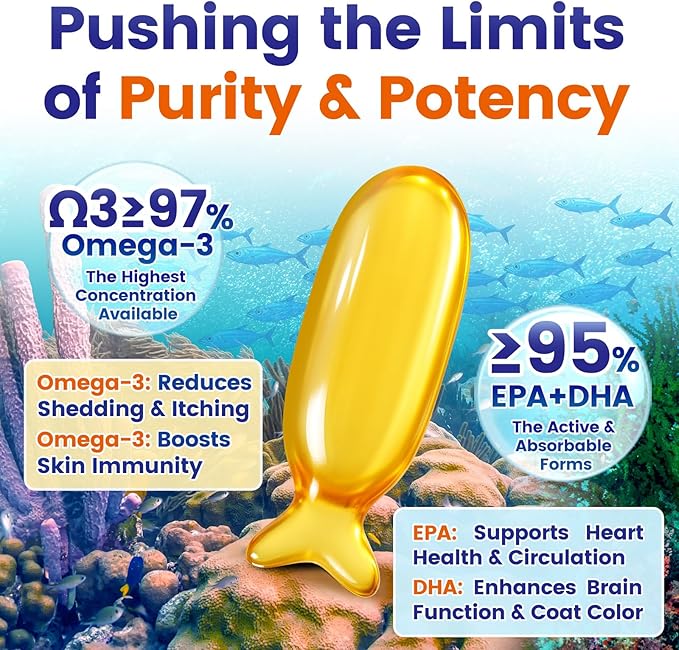 Fish Oil Pet Up to 97% Omega 3, 600 mg Omega 3 Per Soft Gel, Dog Fish Oil Supplement ≥95% EPA and DHA, Promotes Skin, Coat, Joint, and Immune Health, 100 Capsules