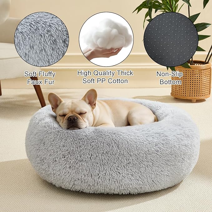 Dog Calming Beds for Small Medium Dogs - Round Donut Washable Dog Bed, Anti-Slip Faux Fur Fluffy Donut Cuddler Anxiety Cat Bed(Light Grey 28")