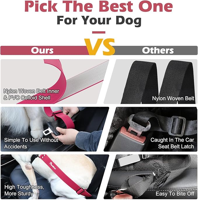 Pawaboo Dog Car Seatbelt, Universal Pet Safety Belt, Chew-Proof Dog Car Restraint with Adjustable Strap, Nylon Woven Belt & PVC Shell Dog Seatbelt, Dog Leash with 360° Hook,20 in, 2 Pack, Pink + Black