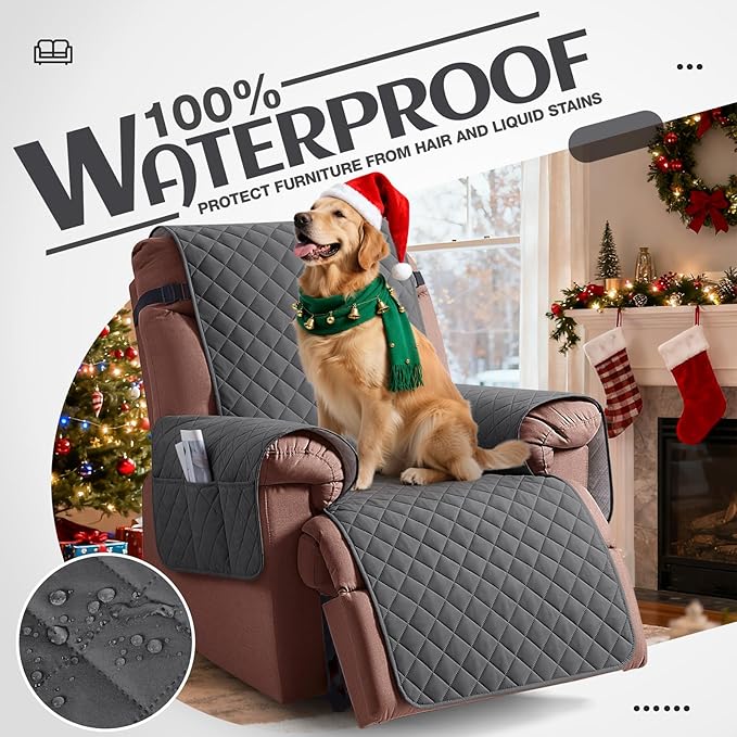 KinCam 100% Waterproof Recliner Chair Cover, Reclining Couch Covers for Pets, Dogs, Recliner Couch Slipcover Furniture Protector with Elastic Straps for Kids(23.6", Charcoal Gray)