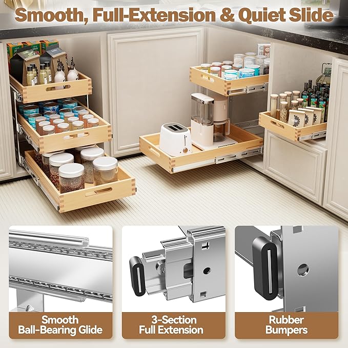 Pull Out Drawers for Cabinets 18"W x 21"D, Heavy-Duty Slide Out Wood Drawer Shelf, Pull Out Cabinet Organizer 100 lbs Capacity, Base Cabinet Organization for Kitchen, Pantry
