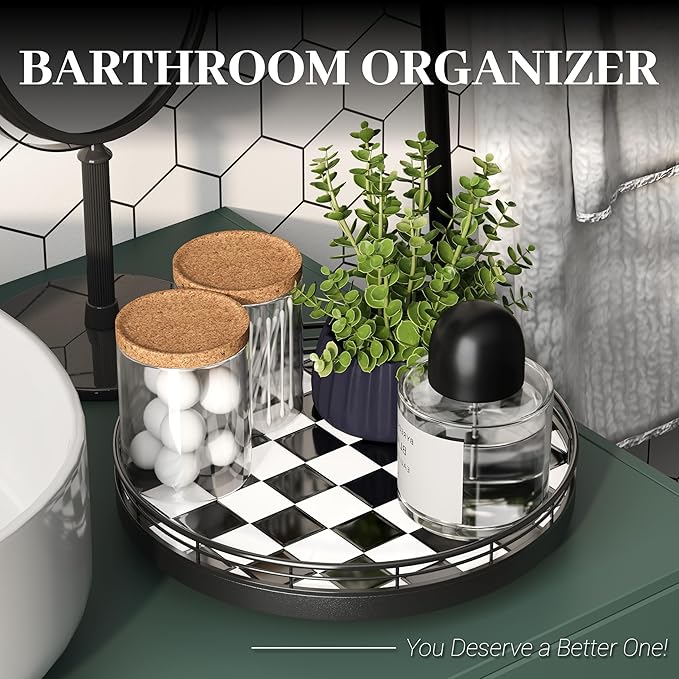 10.2-Inch Black & White Checkerboard Lazy Susan Organizer – Rotating Serving Tray with Oak Base, Iron Frame, & Ceramic Tile –Perfect for Dining Table, Kitchen Cabinet, Bathroom Countertop, Home Décor
