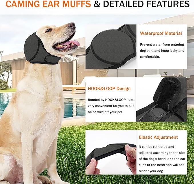 BAMY Swimming Waterproof Dog Ear Caps, Calming Large Dog Ears Cover, Pet Shower Muffs for Ear Protection for Bath for Grooming (Gray, S (Head Circumference 10"-15"))