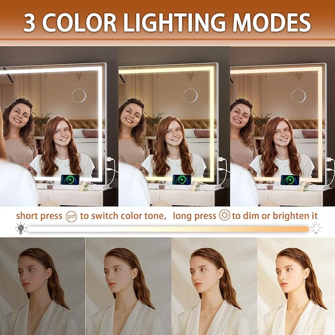 Hasipu Vanity Mirror with Lights, 37" x 26" LED Makeup Mirror, Lighted Makeup Mirror with Dimmable 3 Modes, Touch Screen Control Vanity Mirror Square White