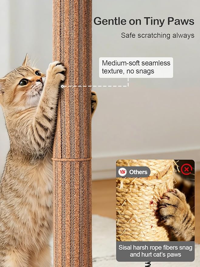 Kitten Claw Friendly Scratching Post Cork & Cardboard Mix Indoor 26" Premium Durable Nature Kittens Scratch Post Tree with Snack Ball & Feather Interactive Toys for Novice Cat Owner