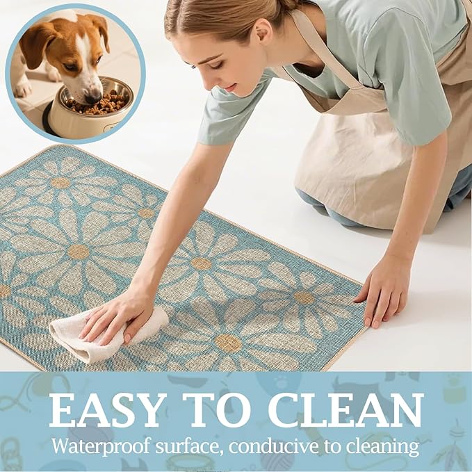 SHIYUE Dog Food Mats for Floors, Absorbent Cat Bowl for Food and Water, Non-Slip Accessories Pet Supplies(17"x30",Sky Blue Flower)
