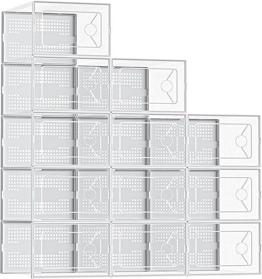 DUMOS Clear Shoe Storage Boxes, 12-Pack Plastic Stackable Shoe Containers with Lids, Display Sneaker Case Organizer for Closet, Under Bed, Entryway,White (Fit Size 11)