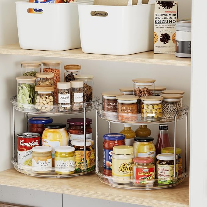 2 Pack 2 Tier Lazy Susan Organizer, 9.25'' Lazy Susan Turntable for Cabinet, Stackable Turntable Organizer Rotating Spice Rack Organization for Kitchen Countertop, Pantry, Bathroom, Clear