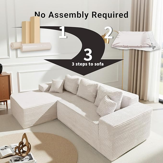 Claiks Boneless Couch, Cloud Couch Sectional, L-Shape Corduroy Modular Sectional Sofa Deep Seat, Upholstered Couches for Living Room, No Assembly Required, Beige, Left Facing Chaise