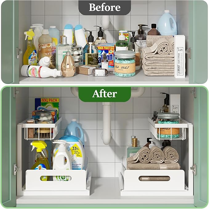 Pull Out Under Sink Organizer, 2-Tier Slide Out Sink Shelf Cabinet Storage for Kitchen Bathroom, White, 1 Pack
