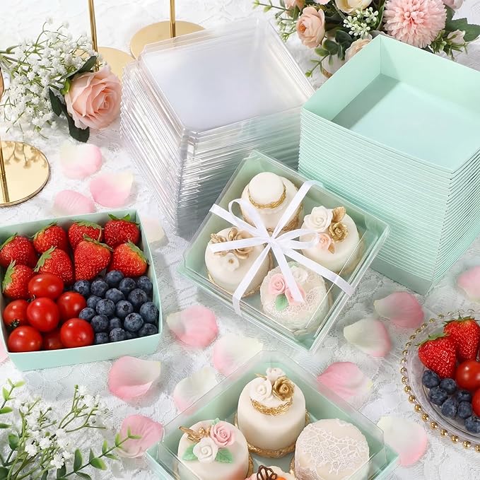 Outus 100 Pack Charcuterie Boxes with Clear Lids, 5.7 x 5.1 '', Mother 's Day Back to School Paper Food Containers Cake Take out Bakery Boxes with Gift Tags Rope for Desserts(Sage Green,Classic)