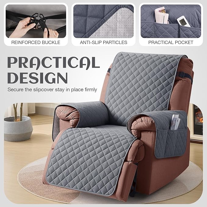 KinCam 100% Waterproof Recliner Chair Cover, Reclining Couch Covers for Pets, Dogs, Recliner Couch Slipcover Furniture Protector with Elastic Straps for Kids(23.6", Dark Gray)