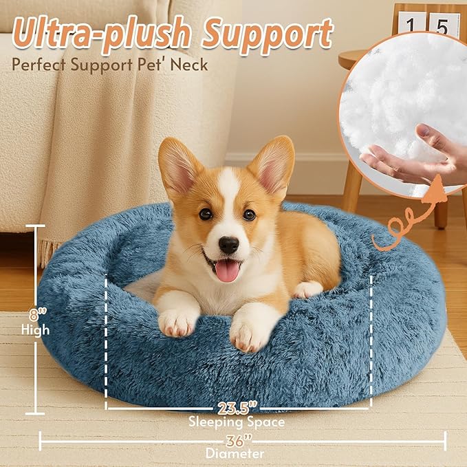 Calming Donut Dog Bed — Large 36", Anti-Anxiety Faux Fur, Washable (Blue)