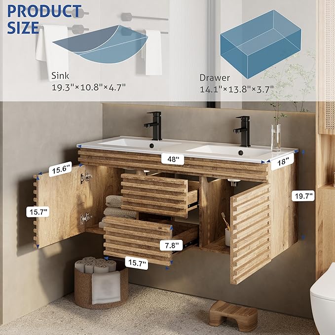 eclife 48" Floating Bathroom Vanity with Sink Combo Mid-Century Wall Mounted Cabinet with Wood Stripes Decor, Drawers, Undermount Sink, Faucet, Drain, Light Walnut