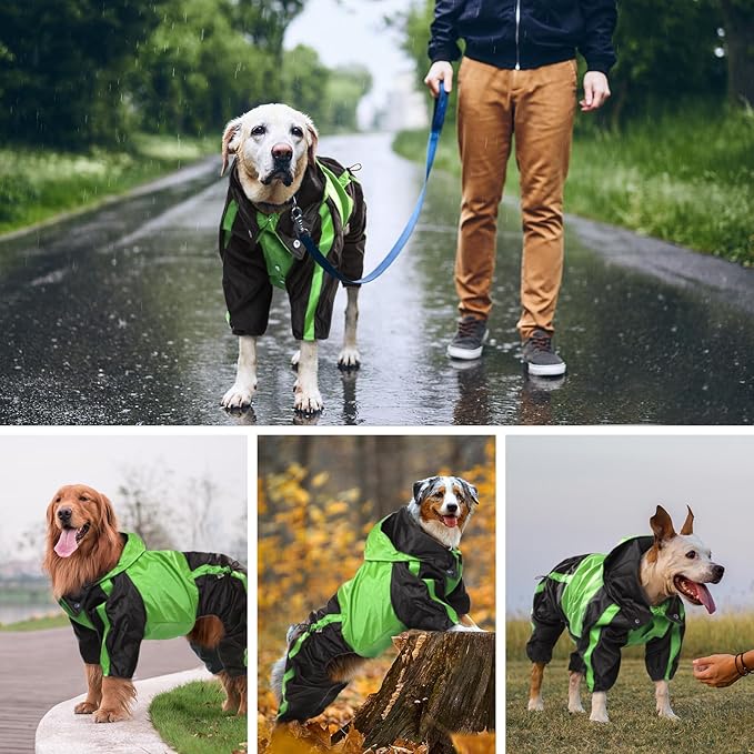 Dog Raincoat, Lightweight Rain Jacket, Adjustable 4 Legs Pet Poncho with Hood, Snow-Proof Dog Vest Rainwear, Rain Clothes Apparel with Leash Hole