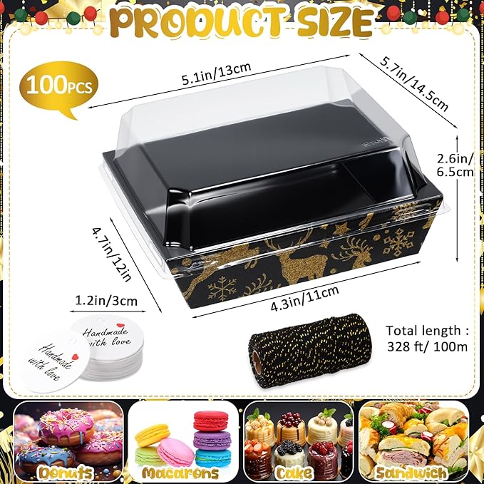 Outus 100 Pack Charcuterie Boxes with Clear Lids, 5.7 x 5.1 '', Mother 's Day Back to School Paper Food Containers Cake Take out Bakery Boxes with Gift Tags Rope for Desserts(Black,Gold,Christmas)