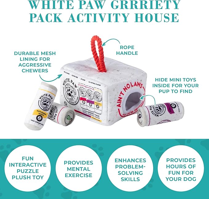 Haute Diggity Dog White Paw Grrriety Pack Activity House, Plush Designer Dog Toys with Interactive Squeaker, Stimulating Pet Enrichment, Machine-Washable & Safe Materials for All Breeds, One Size