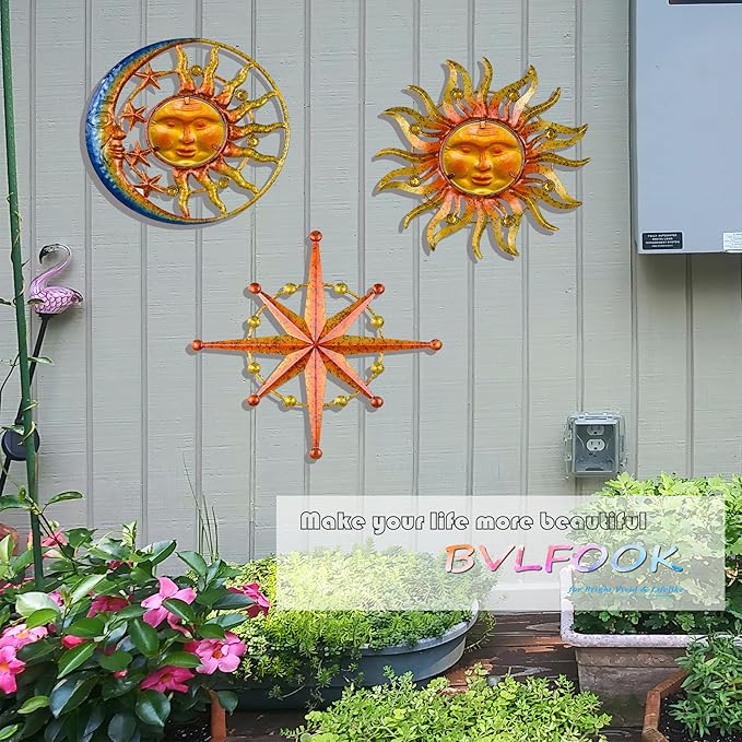 Sun Moon Star Metal Wall Art, Glass Sun Face Weird Decor, Set of 3, Indoor Outdoor Wall Decor for Patio Garden Balcony Porch Yard, Farmhouse Bedroom Living Room Wall Decorations